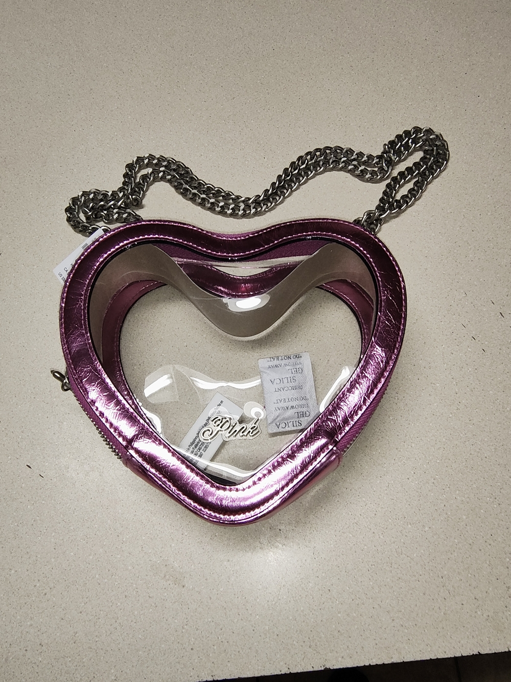 Victoria's Secret PINK Metallic Magenta Heart Shaped Clear Stadium Bag